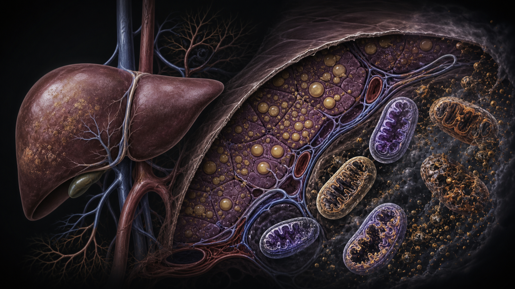 Original medical illustration for: Understanding Mitochondrial Changes in Fatty Liver Disease