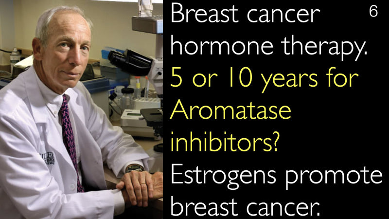 Breast cancer hormone therapy. 5 or 10 years for Aromatase inhibitors? Estrogens promote breast cancer. 6